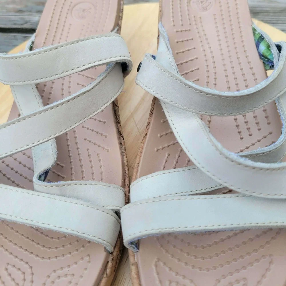 Crocs A-Leigh Women 9 US Cork Wedge Sandals Strappy Cream Neutral Open Toe Plaid